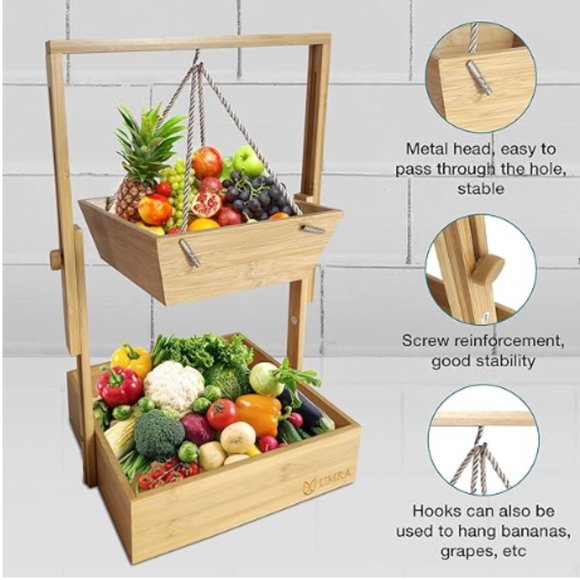 2-Tier Hanging Wooden Fruit Basket & Veggie Stand w/ Adjustable Height - Picture 3 of 10